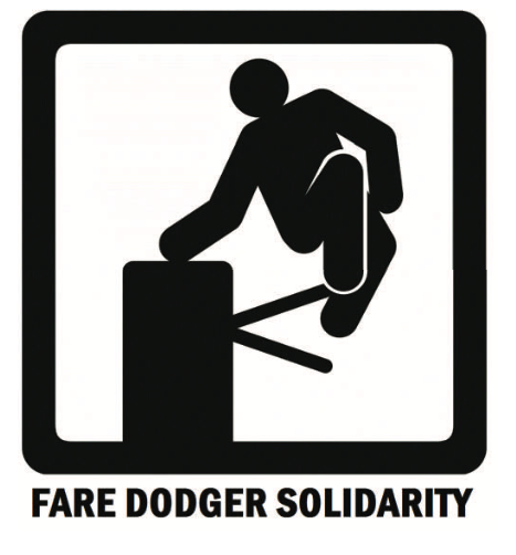 graphic of someone jumping a turnstile, below are the words 'fare dodger solidarity'