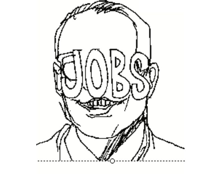 sketch of a smiling person with JOBS written over their face'
